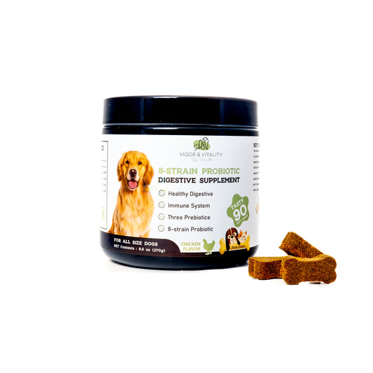 Vigor & Vitality 8 Strain Probiotic Digestive Care For Gut Health, Supplement Dog Chews, Treats 90 Chews (Chicken Flavour)