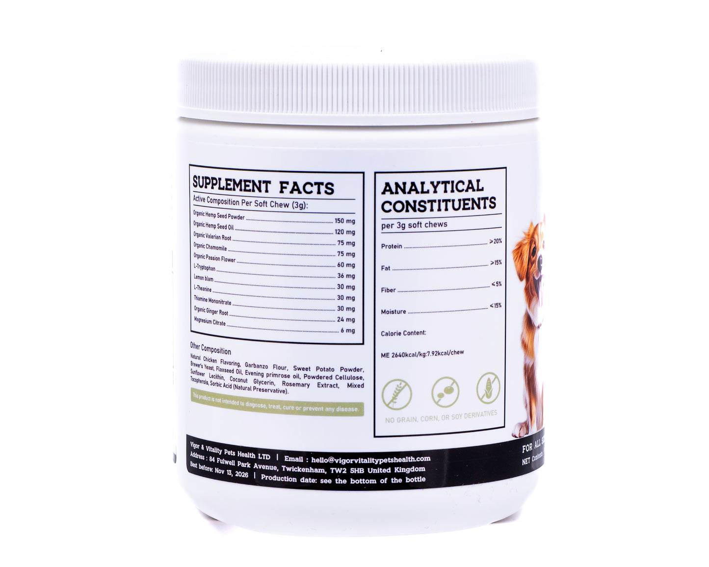 Vigor & Vitality Behaviour Calming Dog Chews For Relaxation, Emotional Balance, Eases Anxiety, Hyperactivity & Stress. Treats 120 Chews (Chicken Flavour)