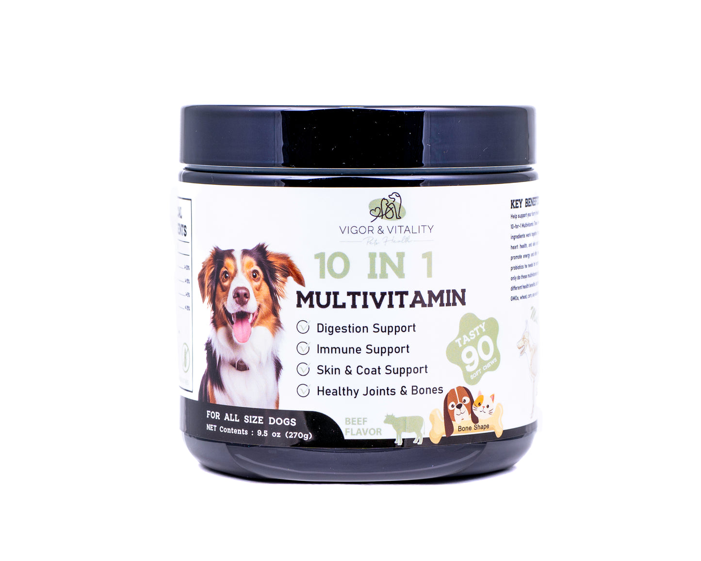 Vigor & Vitality 10 in 1 Multivitamin Dog Chews For Skin & Coat Support, Digestive Health, Overall Wellbeing, Treats & Supplements 90 Chews (Beef Flavour)