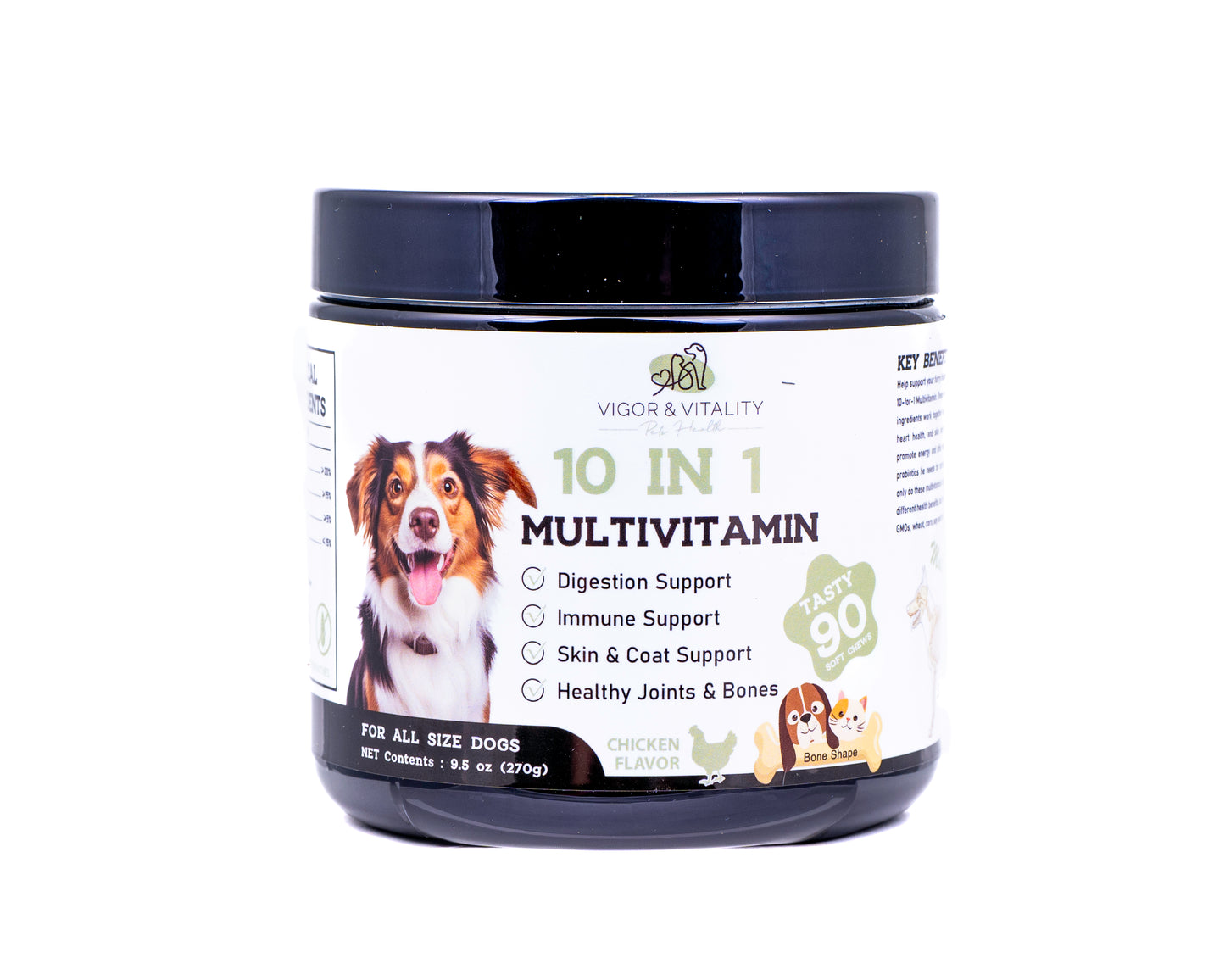 Vigor & Vitality 10 in 1 Multivitamin Dog Chews For Skin & Coat Support, Digestive Health, Overall Wellbeing, Treats & Supplements 90 Chews (Chicken Flavour)