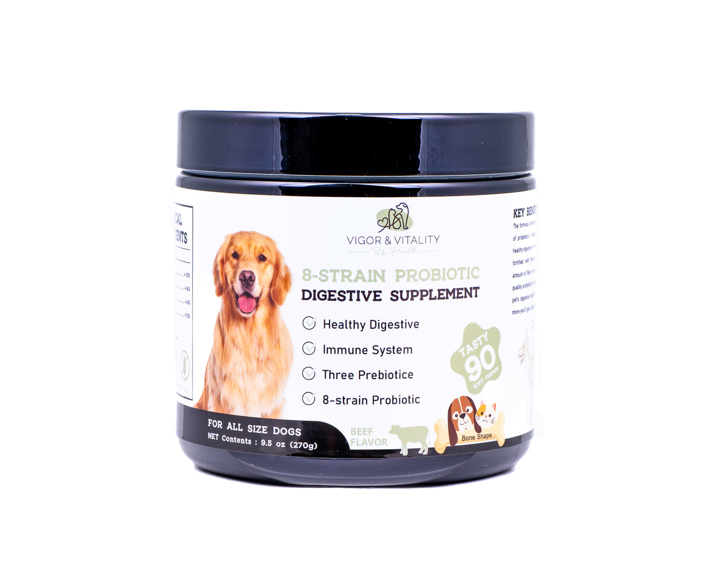 Vigor & Vitality 8 Strain Probiotic Digestive Care For Gut Health, Supplement Dog Chews, Treats 90 Chews (Beef Flavour)