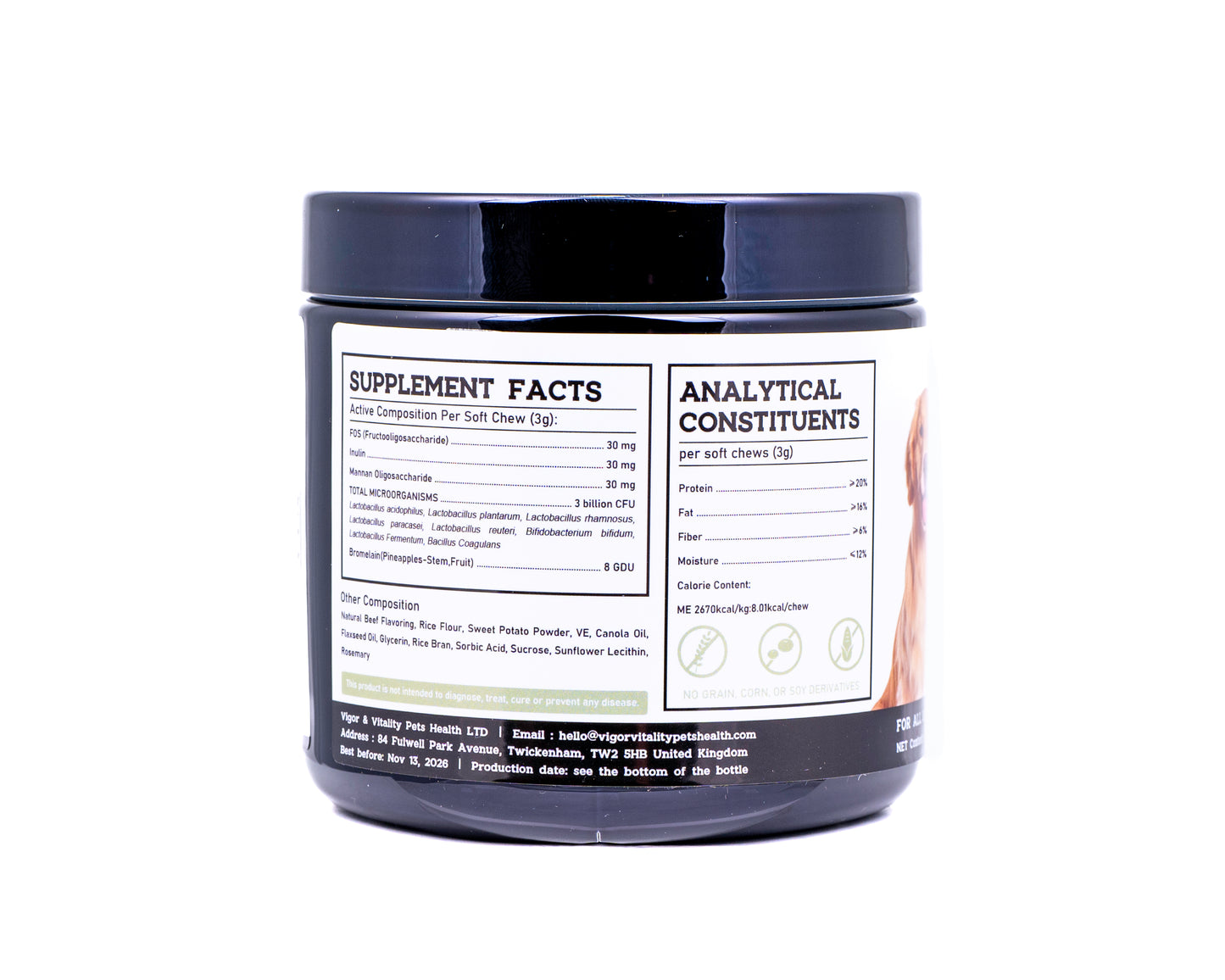 Vigor & Vitality 8 Strain Probiotic Digestive Care For Gut Health, Supplement Dog Chews, Treats 90 Chews (Beef Flavour)