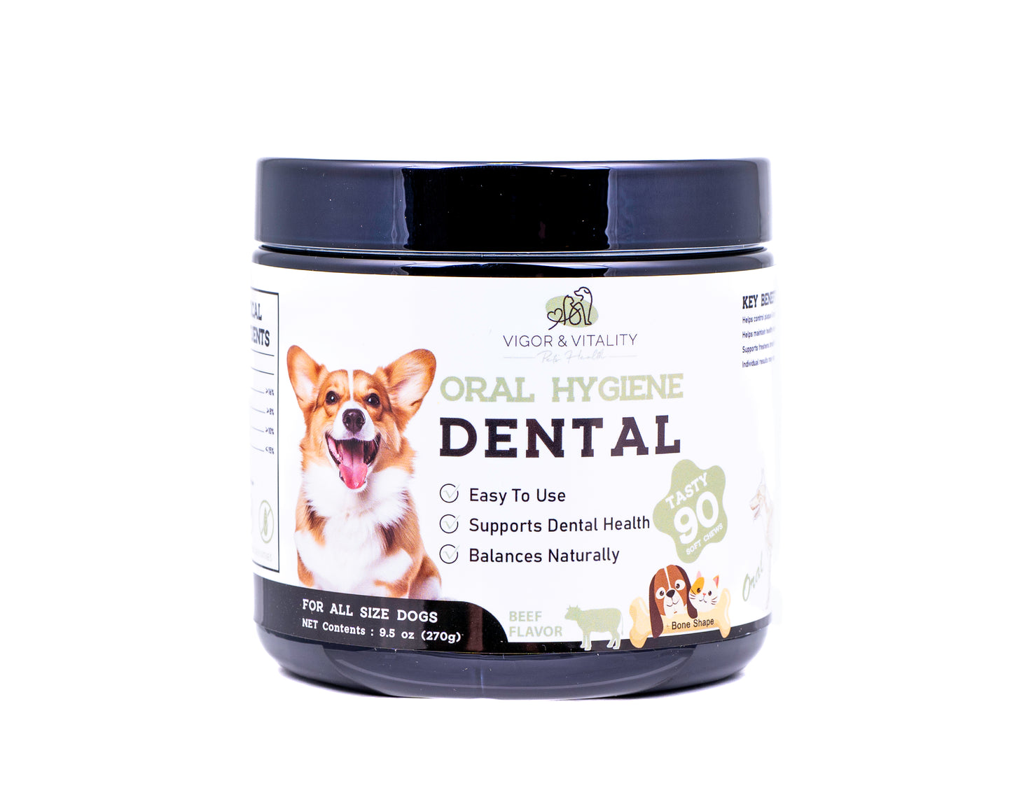 Vigor & Vitality Dog Oral Hygiene Dental Chews For Healthy Teeth & Gums, Fresh Breath, Plaque & Tarta Control 90 Chews (Beef Flavour)