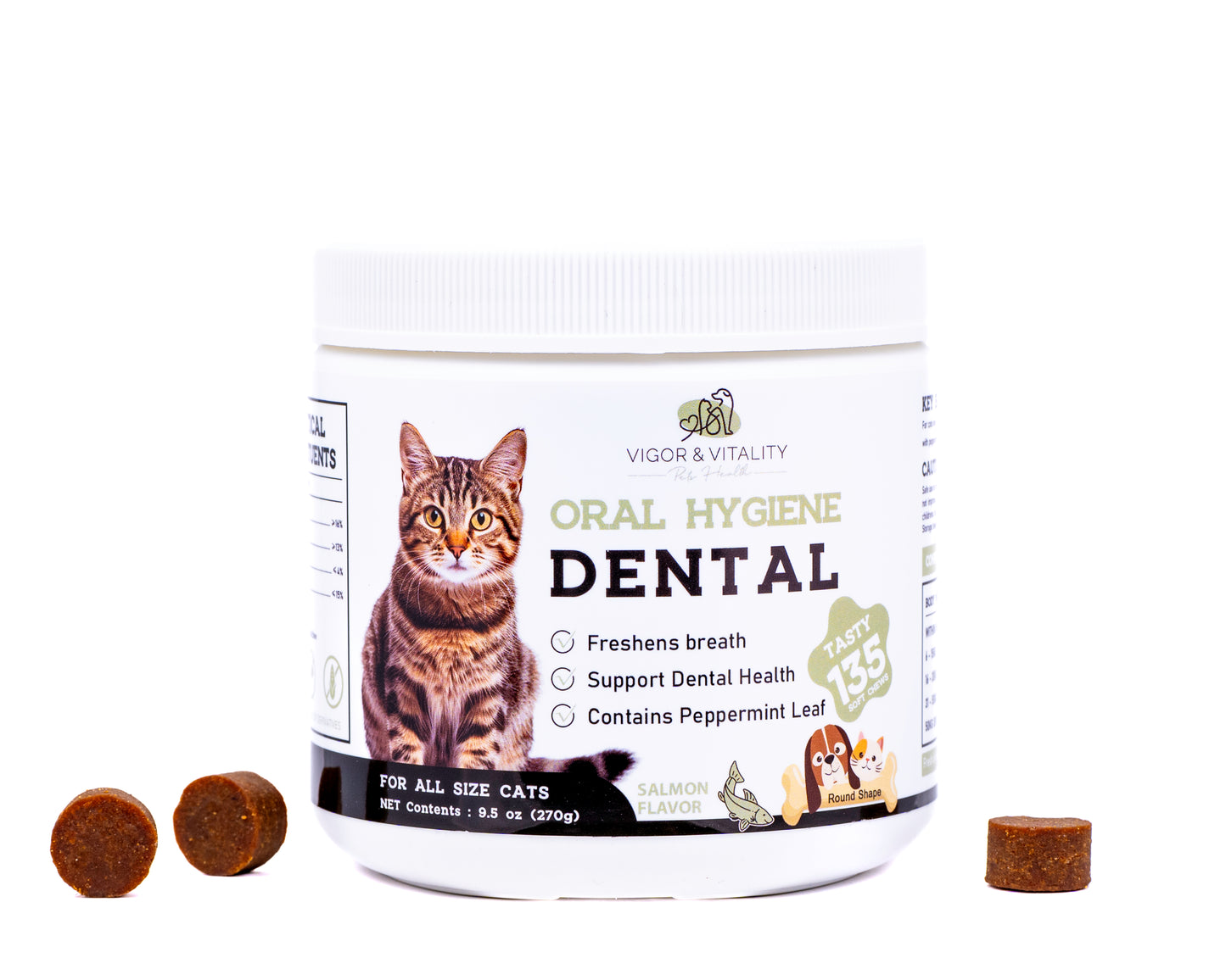 Vigor & Vitality Cat Oral Hygiene Dental Chews For Fresh Breath, Healthy Gums, Overall Dental Hygiene Treats 135 Chews (Salmon Flavour)