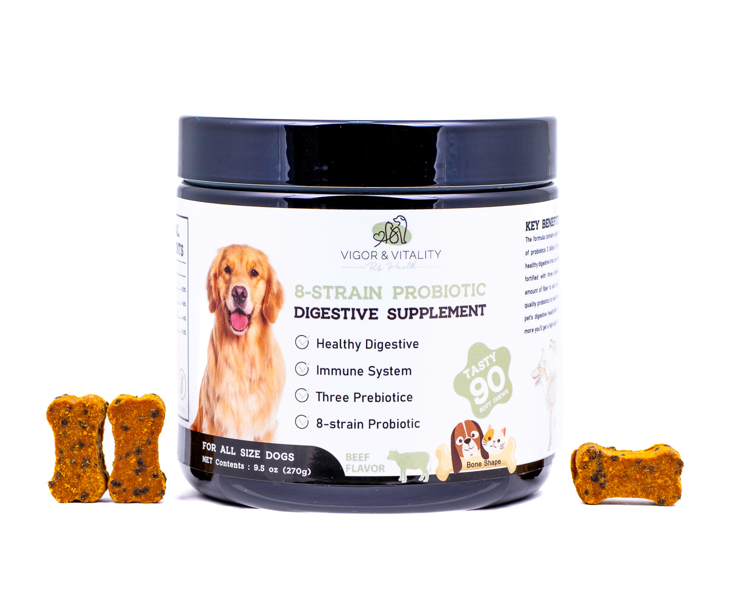 Vigor & Vitality 8 Strain Probiotic Digestive Care For Gut Health, Supplement Dog Chews, Treats 90 Chews (Beef Flavour)