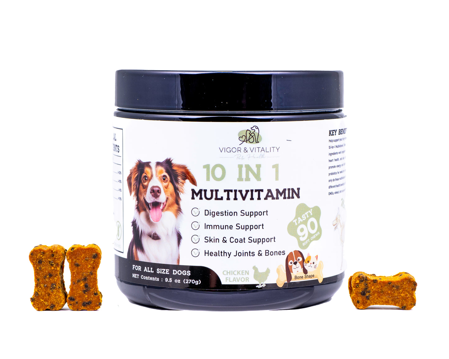 Vigor & Vitality 10 in 1 Multivitamin Dog Chews For Skin & Coat Support, Digestive Health, Overall Wellbeing, Treats & Supplements 90 Chews (Chicken Flavour)
