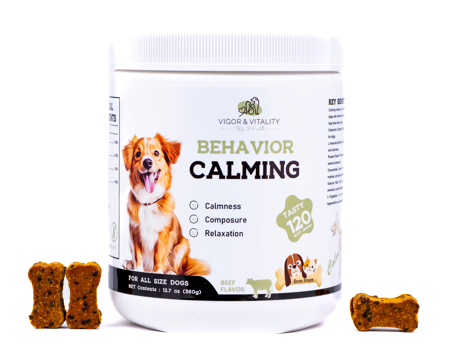 Vigor & Vitality Behaviour Calming Dog Chews For Relaxation, Emotional Balance, Eases Anxiety, Hyperactivity & Stress. Treats 120 Chews (Beef Flavour)