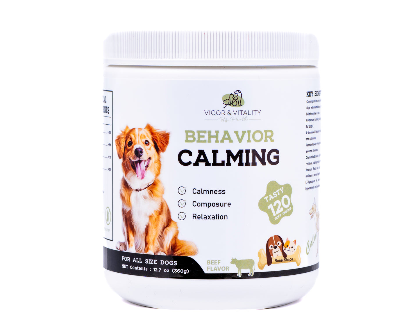 Vigor & Vitality Behaviour Calming Dog Chews For Relaxation, Emotional Balance, Eases Anxiety, Hyperactivity & Stress. Treats 120 Chews (Beef Flavour)