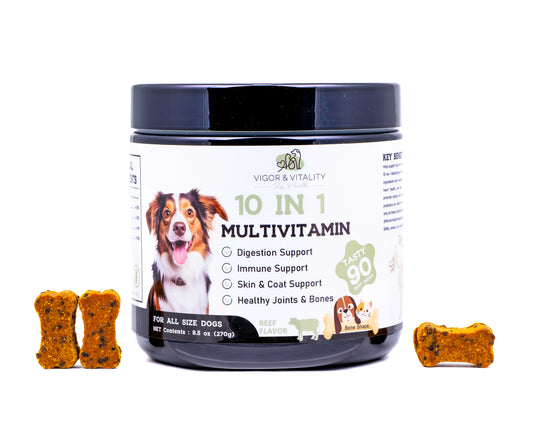 Vigor & Vitality 10 in 1 Multivitamin Dog Chews For Skin & Coat Support, Digestive Health, Overall Wellbeing, Treats & Supplements 90 Chews (Beef Flavour)