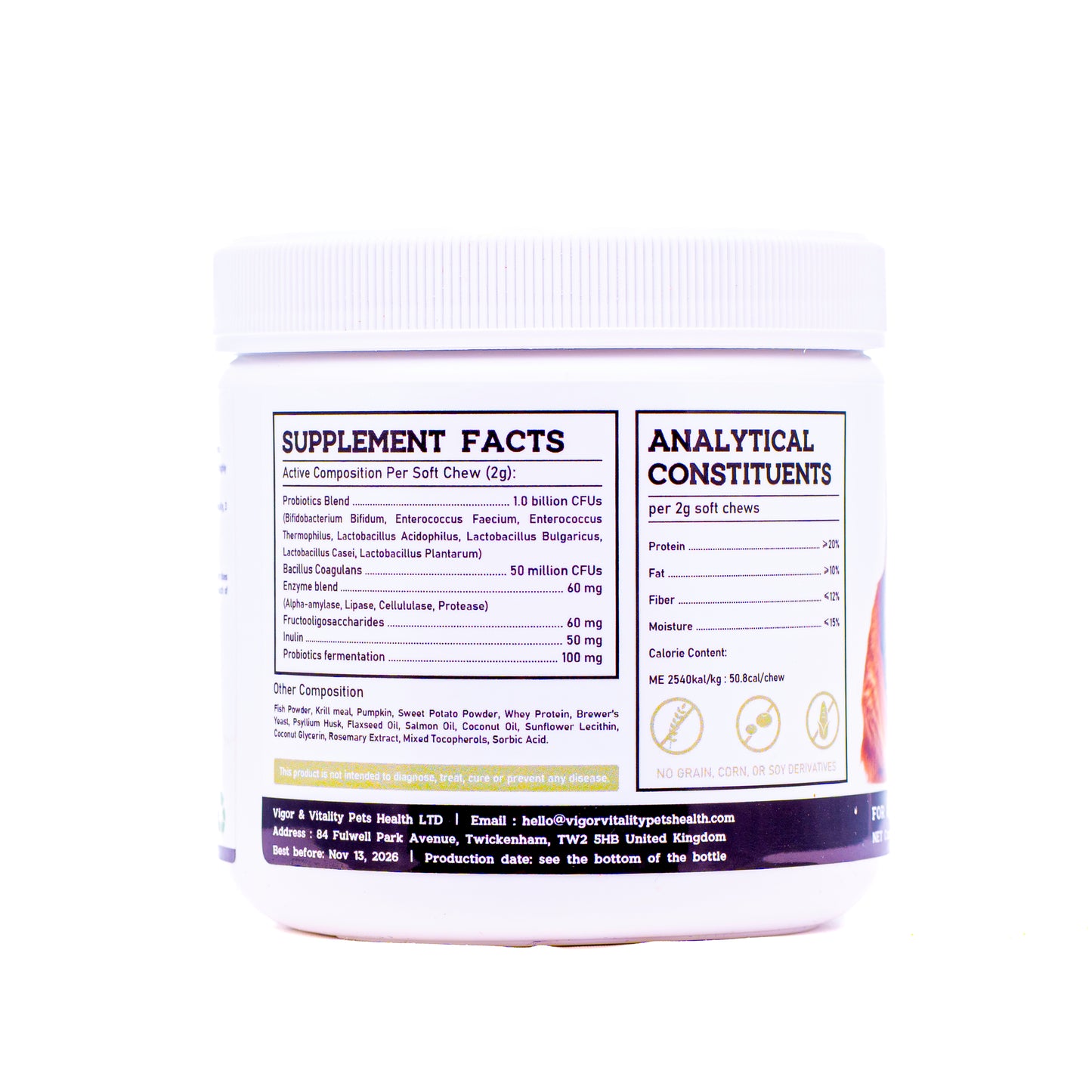 Vigor & Vitality Probiotic Digestive Care For Gut Health Cat Supplements, Treat, Chews 135 Chews (Salmon Flavour)